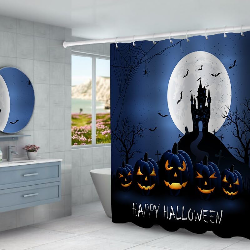 Juego de 4 cortinas de ducha de Halloween, cortinas de ducha, alfombras de baño antideslizantes, funda de inodoro, tapete de baño, decoración de