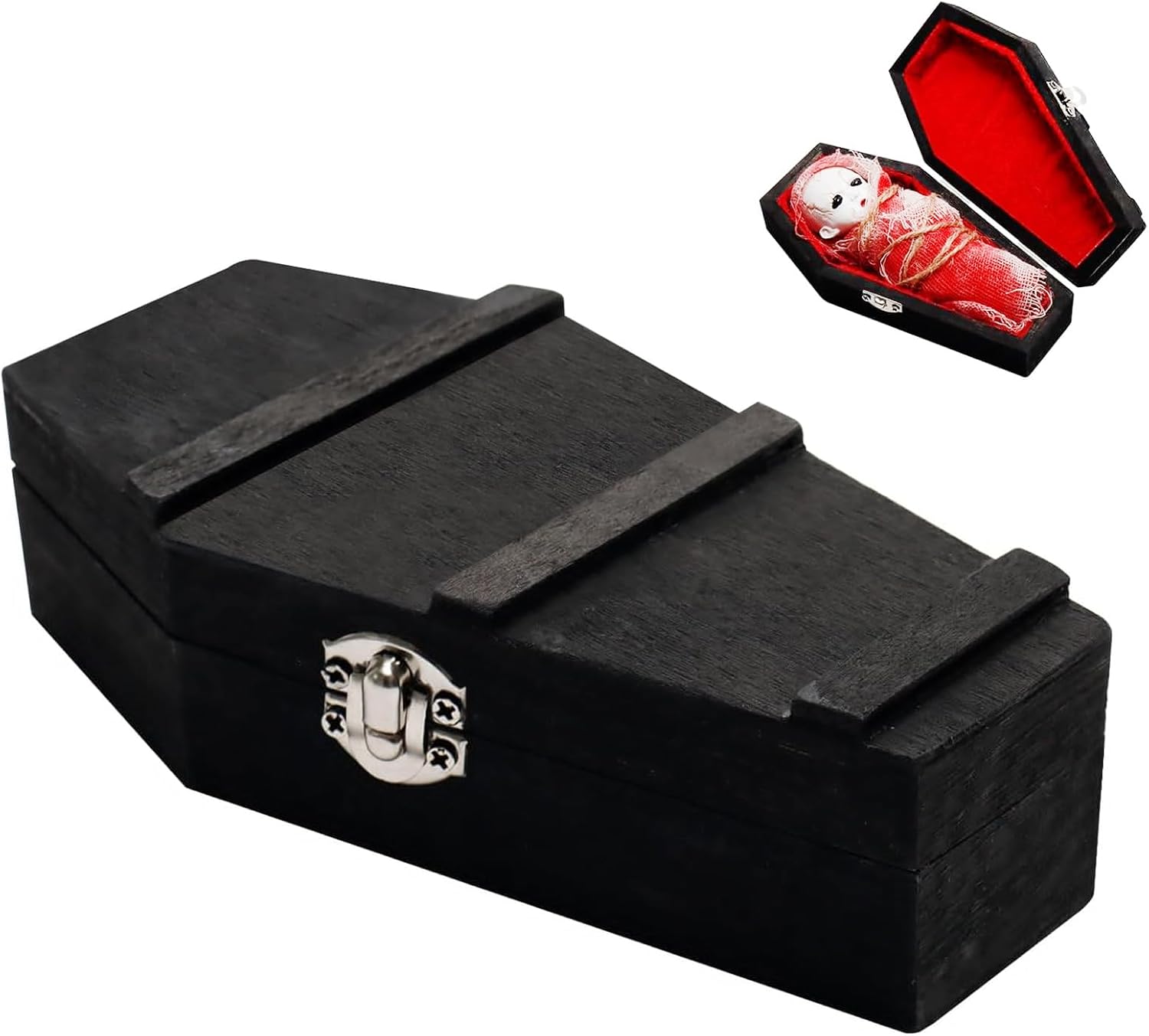 Decoración de Halloween esencial ataúd de madera pintada en negro, mini caja de ataúd de vampiro, muñeca fantasma, kit de bricolaje para crear tu