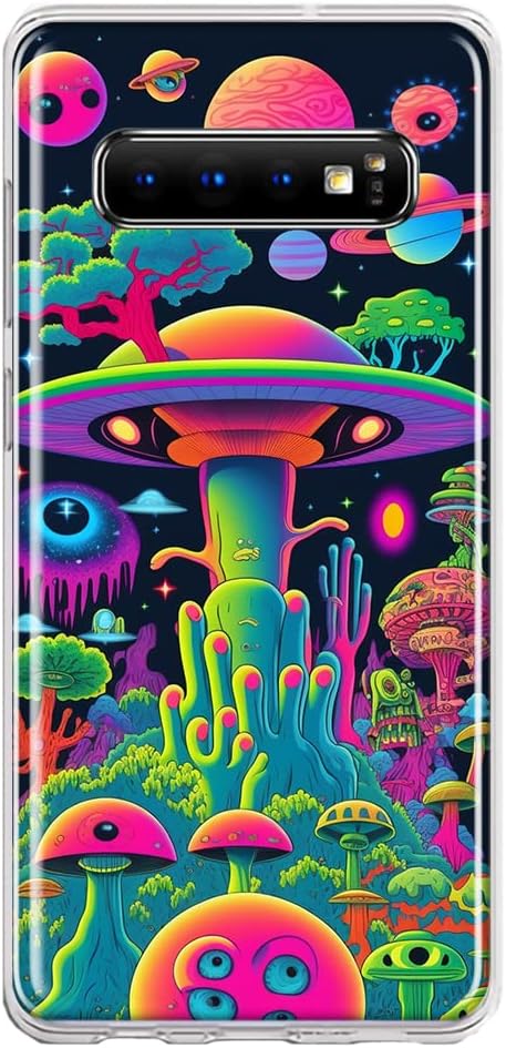 MUNDAZE – Case for Samsung Galaxy S10 Plus Slim Hybrid Shockproof Hard Shell Soft TPU Heavy Duty Protective Phone Cover – Trippy Neon Glow Rainbow –