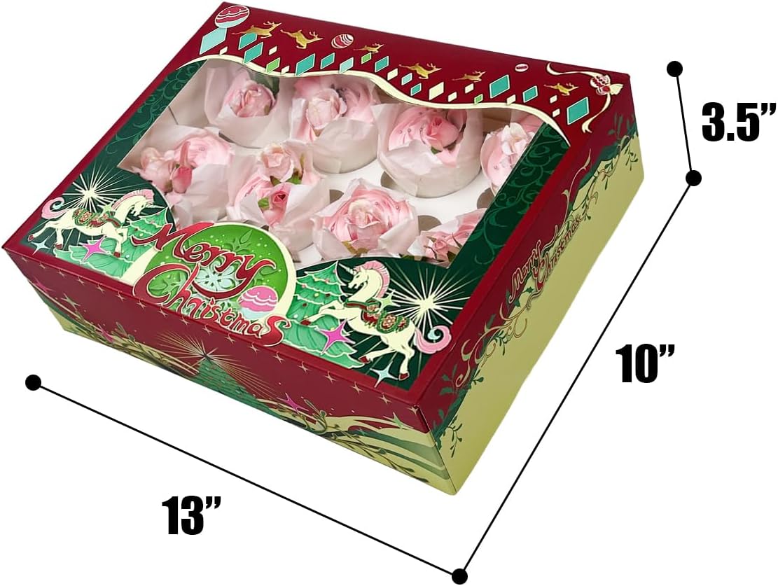12 recipientes para cupcakes, 16 paquetes de cajas de cupcakes de Navidad, 12 cajas para cupcakes con ventana de 13 x 10 x 3.5 pulgadas
