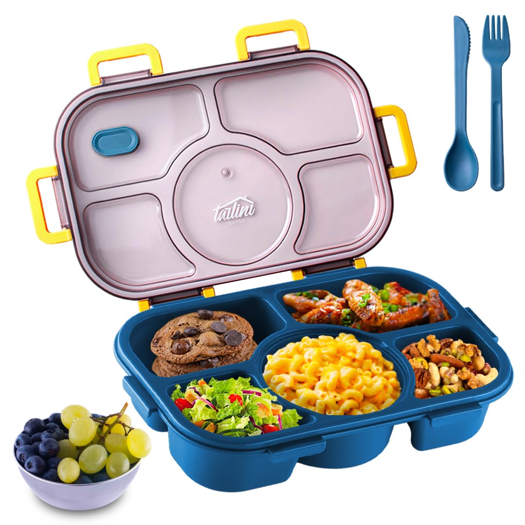 Tarlini – Caja Bento azul para adultos, contenedor de 5 compartimentos con separadores para comidas equilibradas, caja Bento japonesa segura para