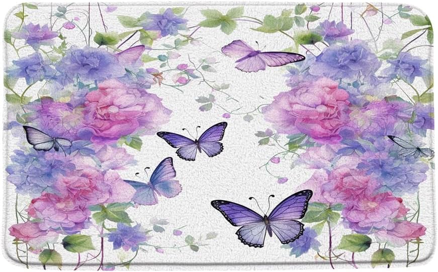 Tapete de baño de flores moradas con mariposas y lavanda, lila, rosa, floral, primavera, naturaleza, microfibra de ensueño, espuma viscoelástica,