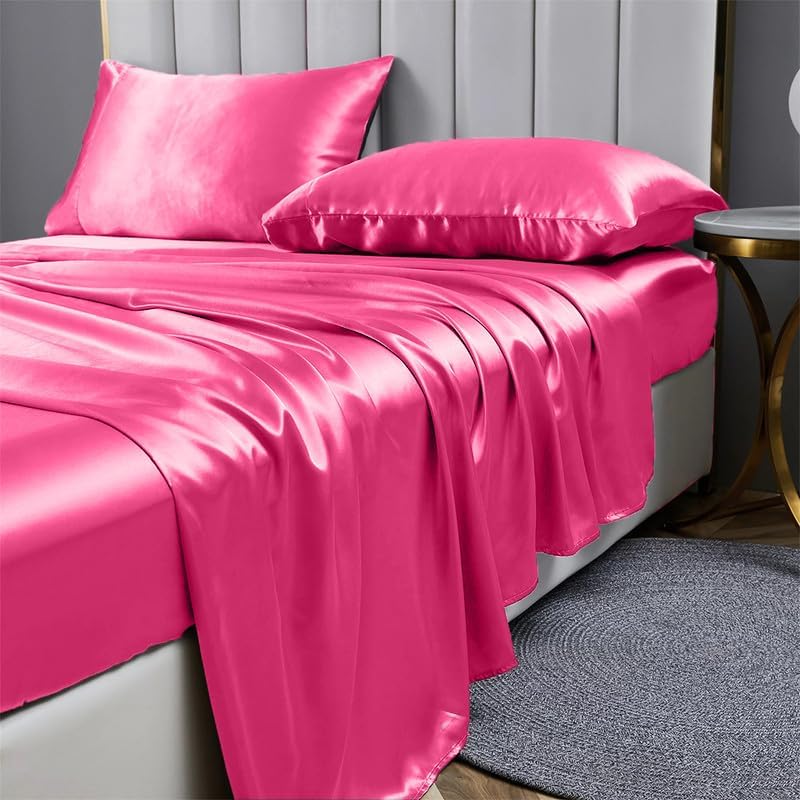 Opulence Bedding Juego de sábanas de satén de seda de 4 piezas, 100% satén de seda de calidad, juegos de ropa de cama de lujo, 1 sábana bajera, 1