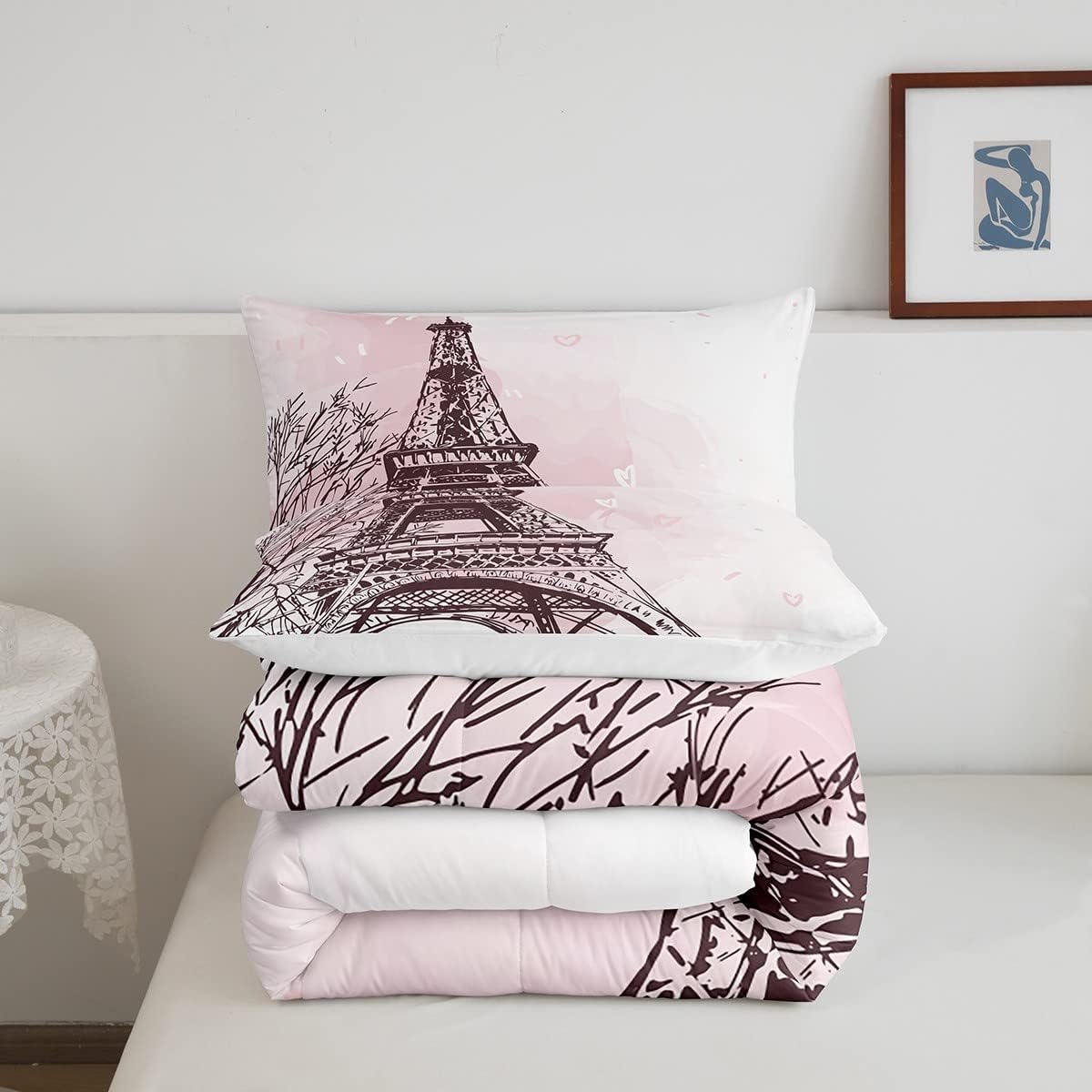 Juego de edredón de la Torre Eiffel, tamaño individual, juego de ropa de cama romántica de San Valentín, rosa y blanco, edredón para mujeres y
