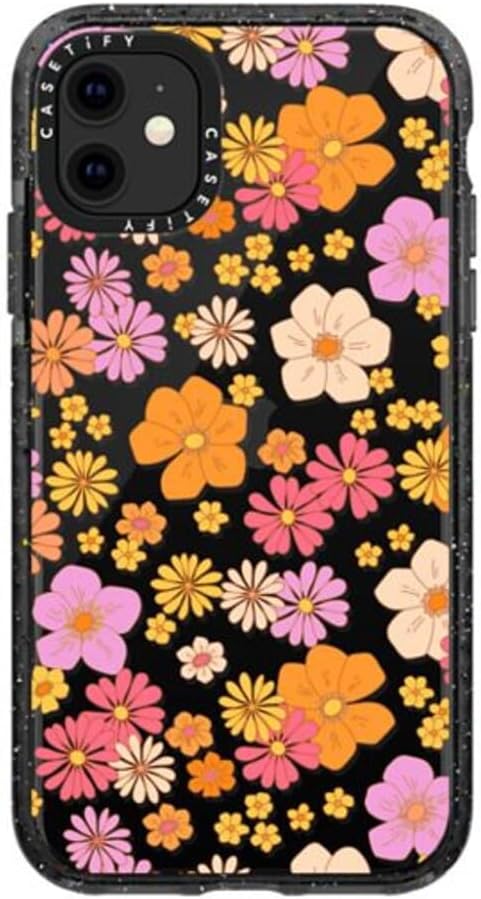 CASETiFY Impact – Funda para iPhone 11, diseño retro bohemio de flores hippie (6070 con diseño floral sobre fondo transparente), color negro