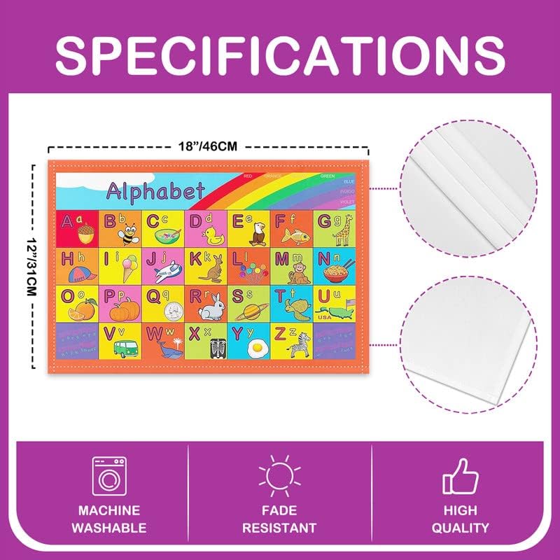Juego de 4 manteles individuales para mesa del alfabeto inglés, manteles individuales de tela de animales de dibujos animados para niños, lindos