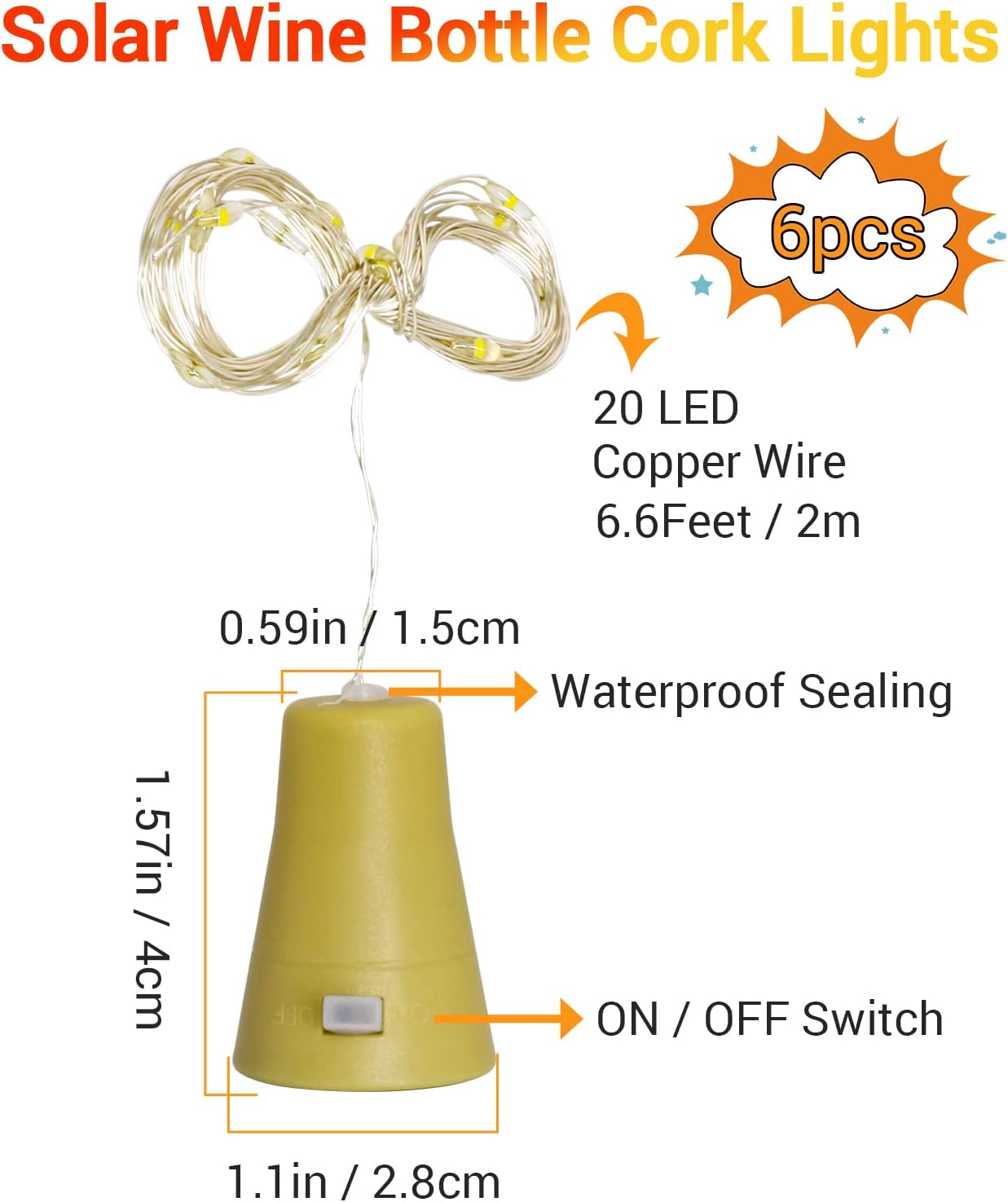 PChero Luces solares para botellas de vino, paquete de 6 unidades, 20 luces LED impermeables, mini alambre de cobre, luces de corcho para botellas