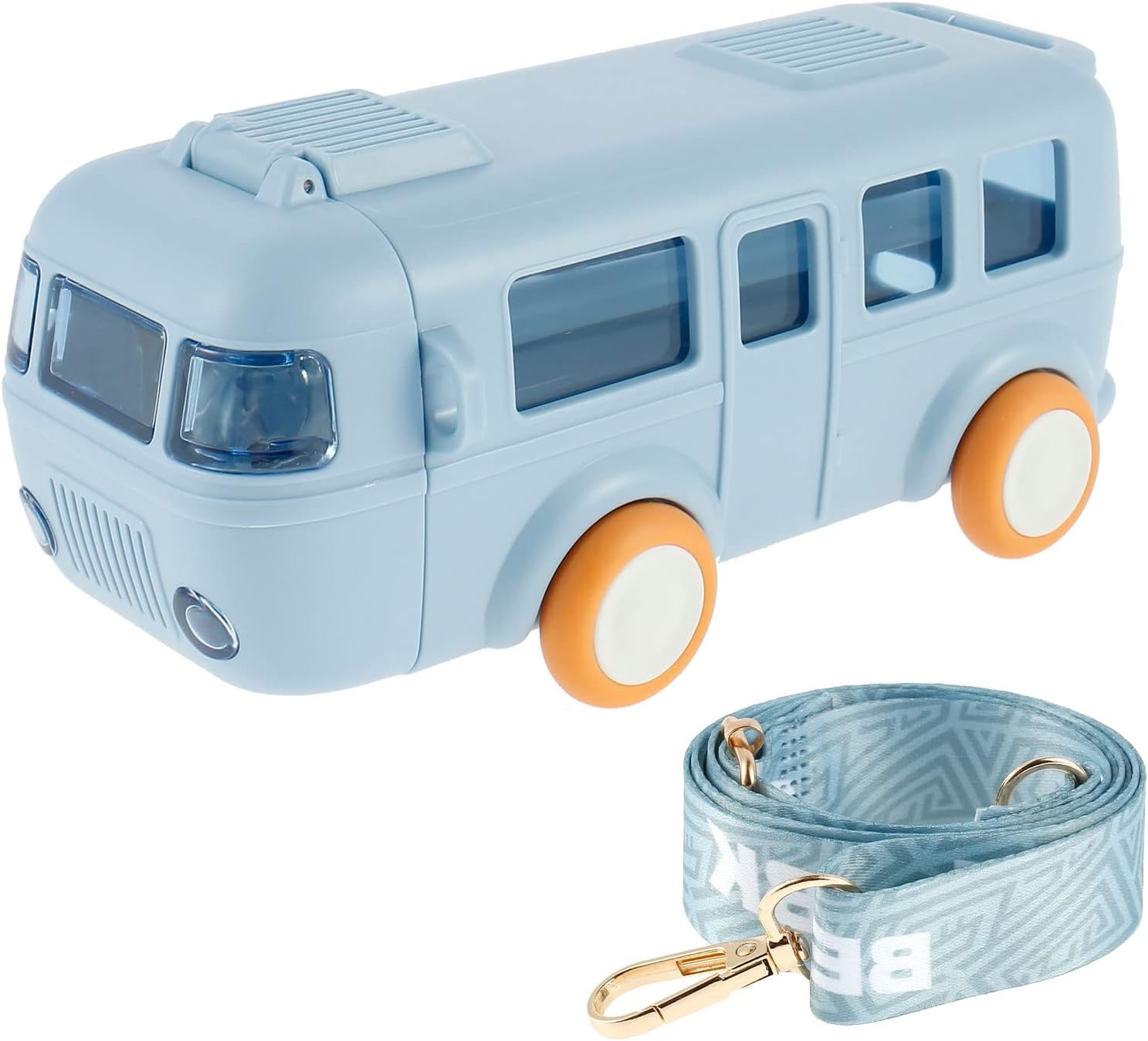 Taza de agua con popote para automóvil, botella de agua de 16 onzas con ruedas, taza de agua portátil en forma de autobús con correa para el hombro,