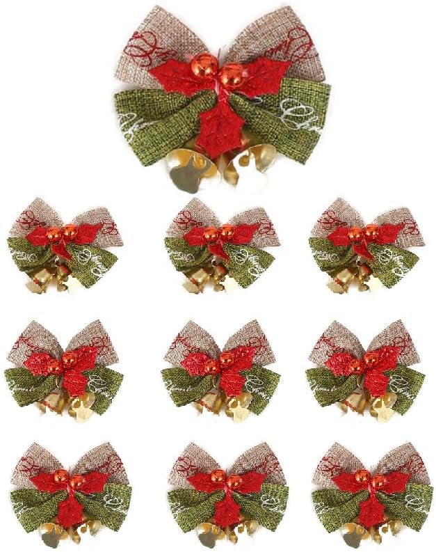 10 mini lazos de Navidad de 2 pulgadas, coronas de arpillera verde y rojo, lazos pequeños para decoración de árbol de Navidad para bodas, fiestas,
