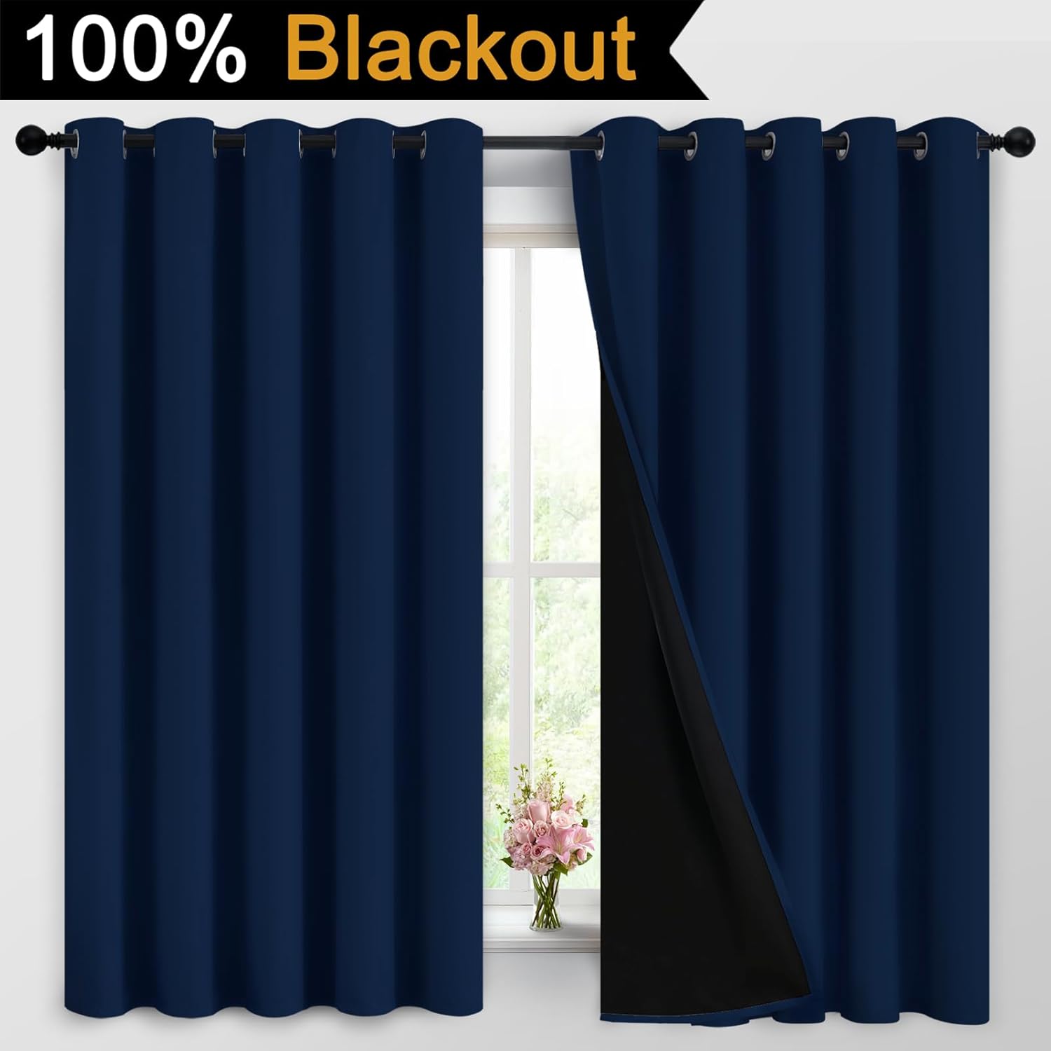 Yakamok Cortinas opacas 100% de color azul marino, ahorro de energía, aislamiento térmico, 2 capas gruesas, completamente opacas con forro negro