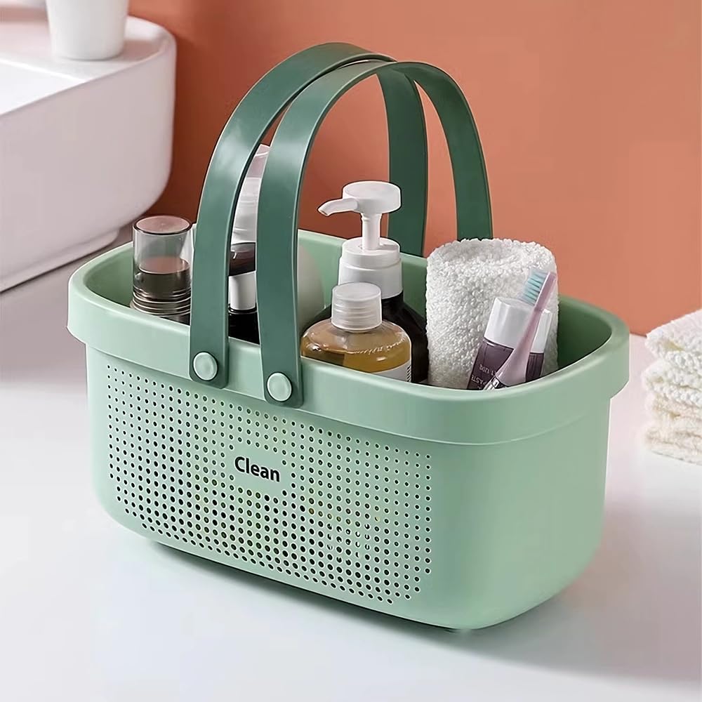LAIGOO Cesta de almacenamiento de plástico verde con asas, organizador de almacenamiento de ducha para baño, dormitorio universitario, cocina,