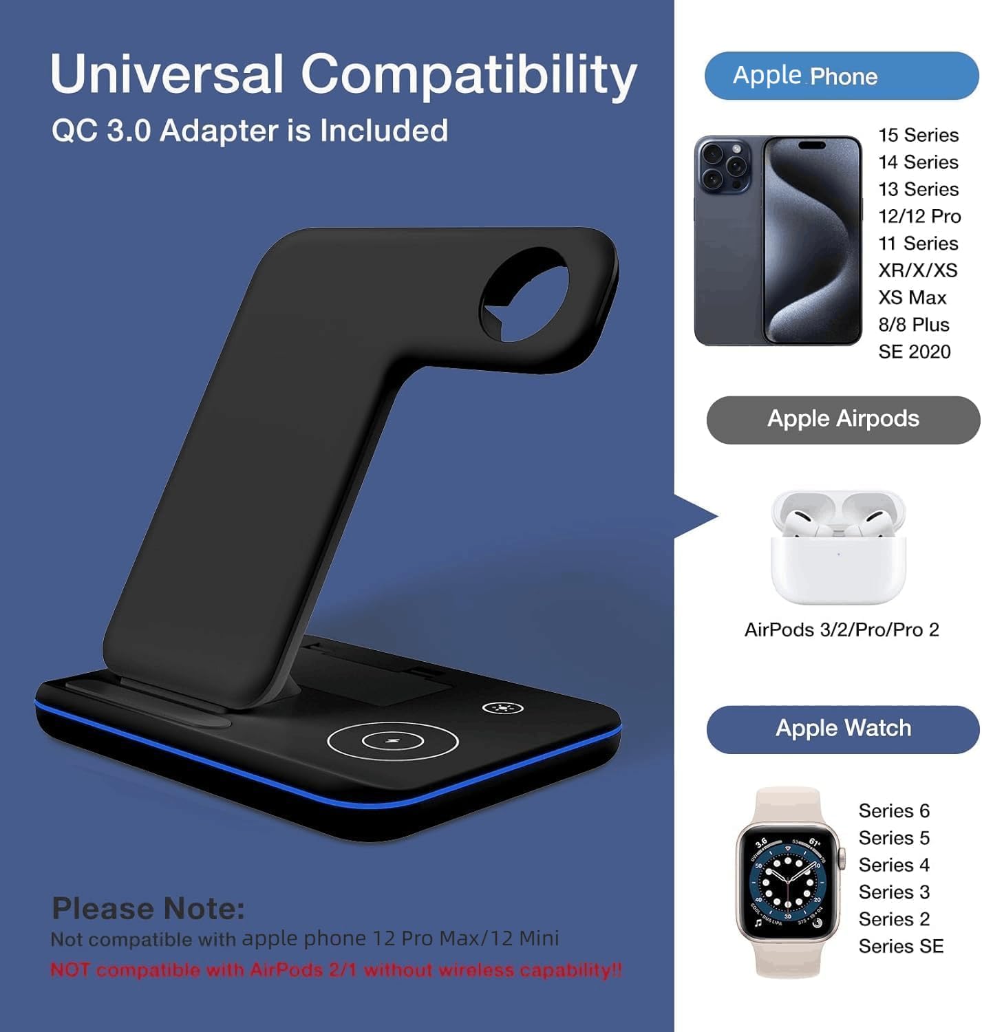 Estación de carga para múltiples dispositivos Apple, soporte de cargador inalámbrico compatible con Apple Phone 1514131211ProMaxXR8Plus, para