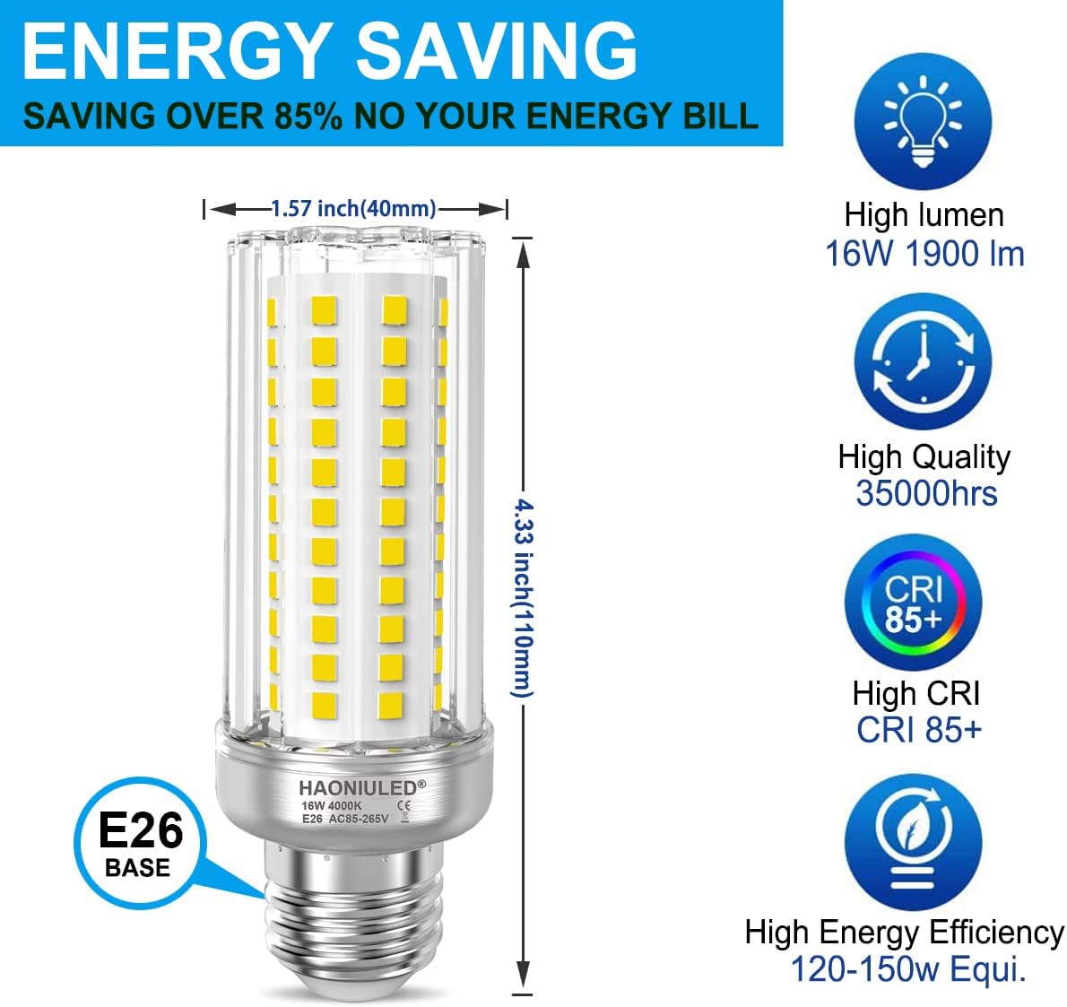 Bombilla LED de maíz con base E26 de 16 W, equivalente a 150 W, blanco frío, 6000 K, 1900 lúmenes, no regulable, adecuada para el hogar, interior,