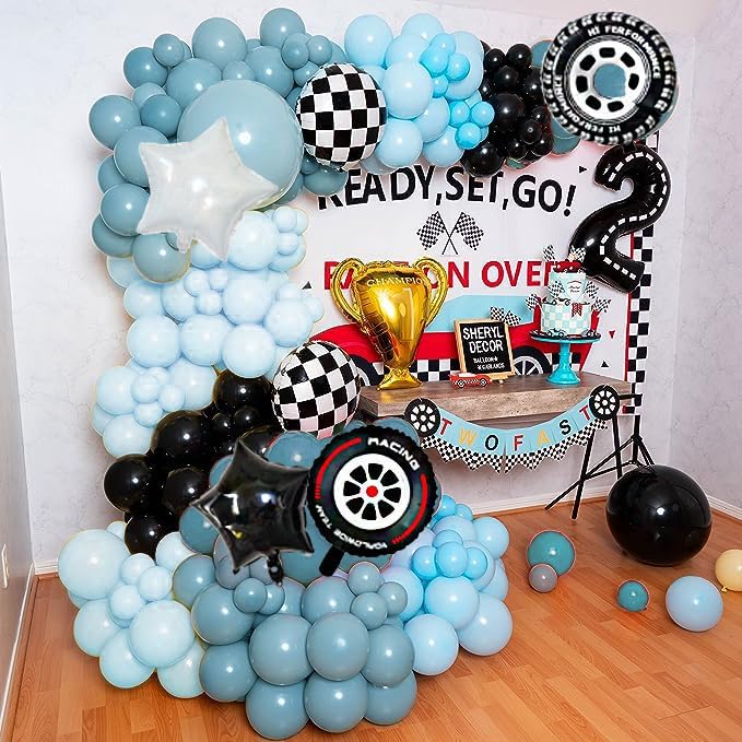 Kit de guirnalda de arco de globos de coche de carreras, globos de látex azul polvoriento y negro, globos de aluminio a cuadros, suministros de