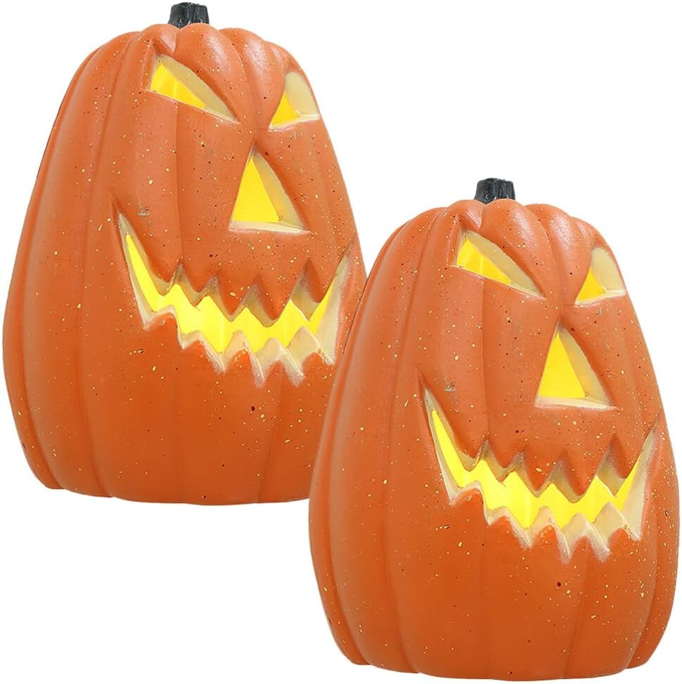 Happyyami Calabazas de plástico con luces espeluznantes, 2 calabazas iluminadas para exteriores e interiores, decoraciones de calabaza de Halloween,