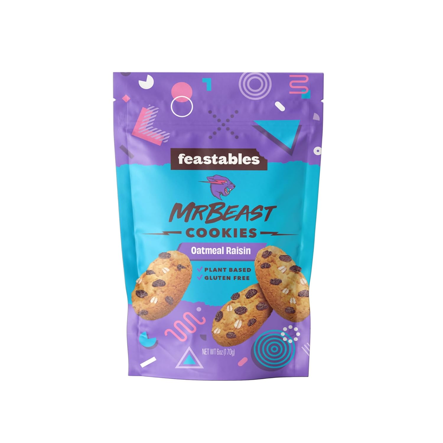 Feastables MrBeast Galletas de avena y pasas, hechas con ingredientes a base de plantas, sin gluten, aperitivo certificado sin OMG, bolsa de 6 onzas