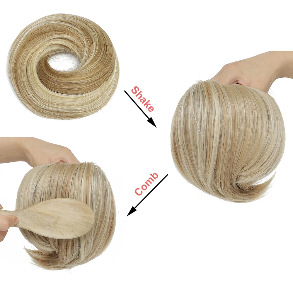 KETHBE Extensiones de pelo sintético corto para cola de caballo, banda elástica de goma para mujeres (CZ-rubio fresa, mezcla de rubio)