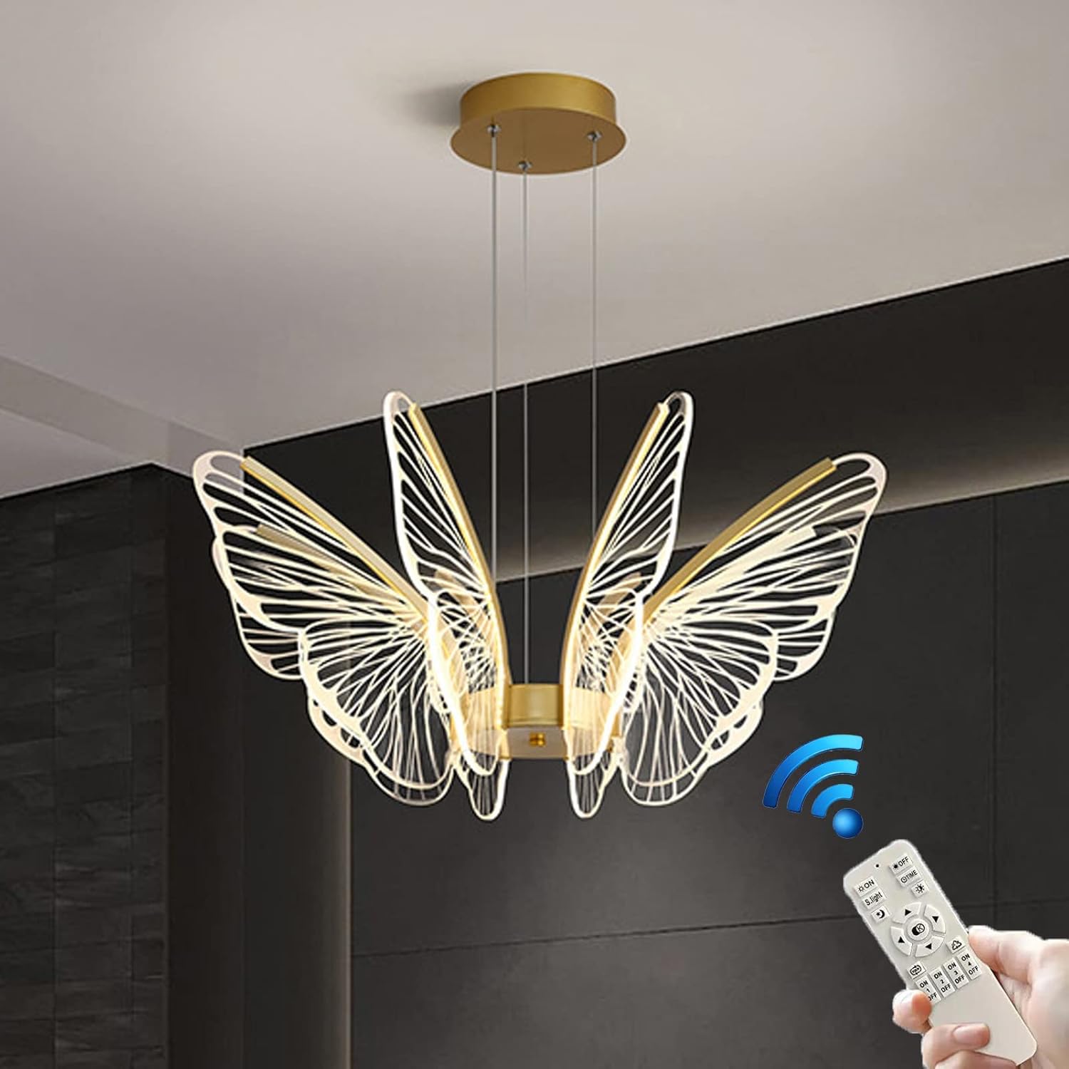 Lámpara LED de 6 luces con diseño de mariposa, lámpara de techo LED regulable semiempotrada con control remoto, luces colgantes de altura ajustable