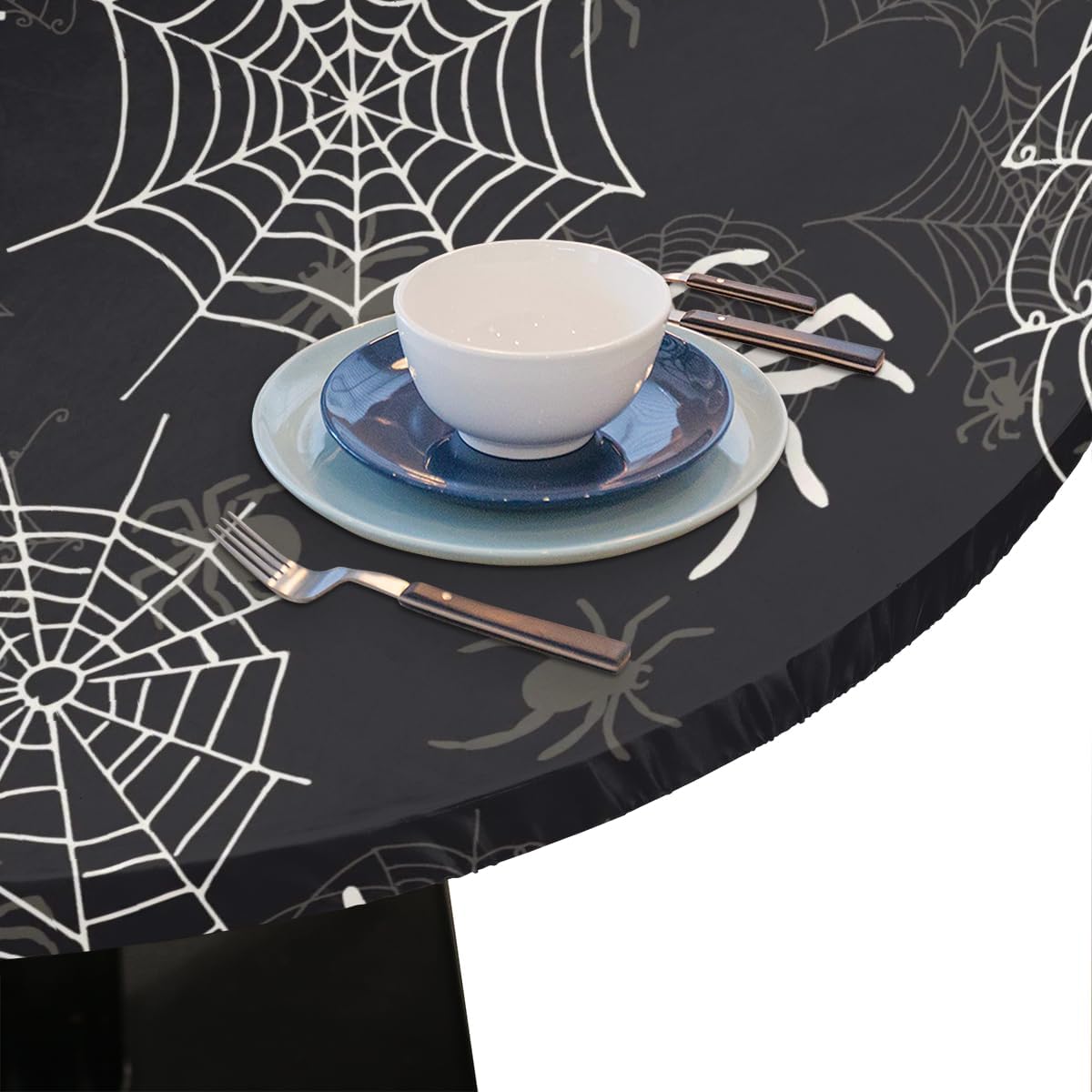Mantel redondo de tela de araña de Halloween, impermeable, resistente a derrames y arrugas, lavable, reutilizable, tela de araña negra, borde