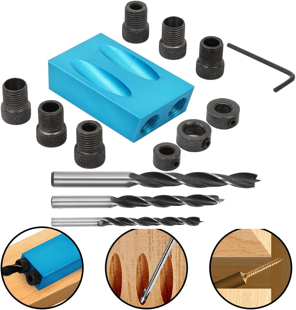 037BL – Kit de plantilla de agujero de bolsillo de 14 piezas, plantilla de agujero inclinado para carpintería de 15 grados con brocas de