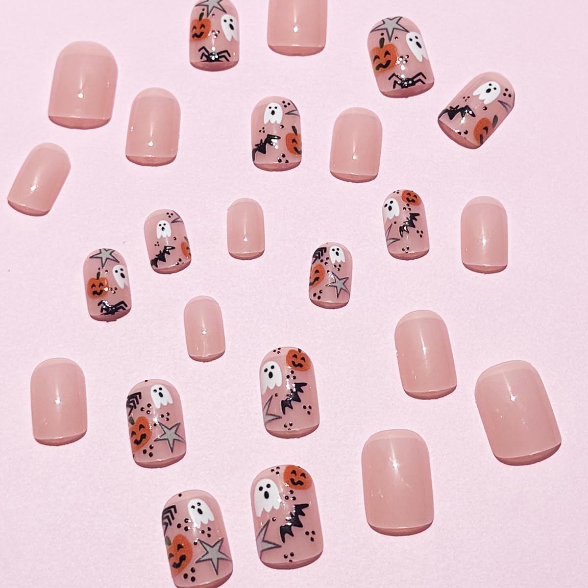 Uñas postizas a presión de Halloween, fantasma, rosa, fantasma, calabaza, estrella, araña, con diseños, cobertura completa, cuadradas, brillantes,