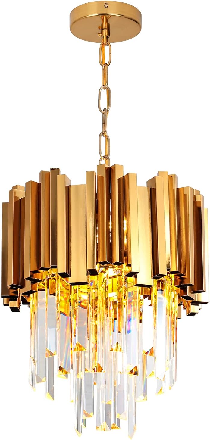 Candelabro de cristal moderno de 3 luces, luz colgante de cristal de lujo en oro, lámpara colgante redonda de cristal contemporáneo para sala de
