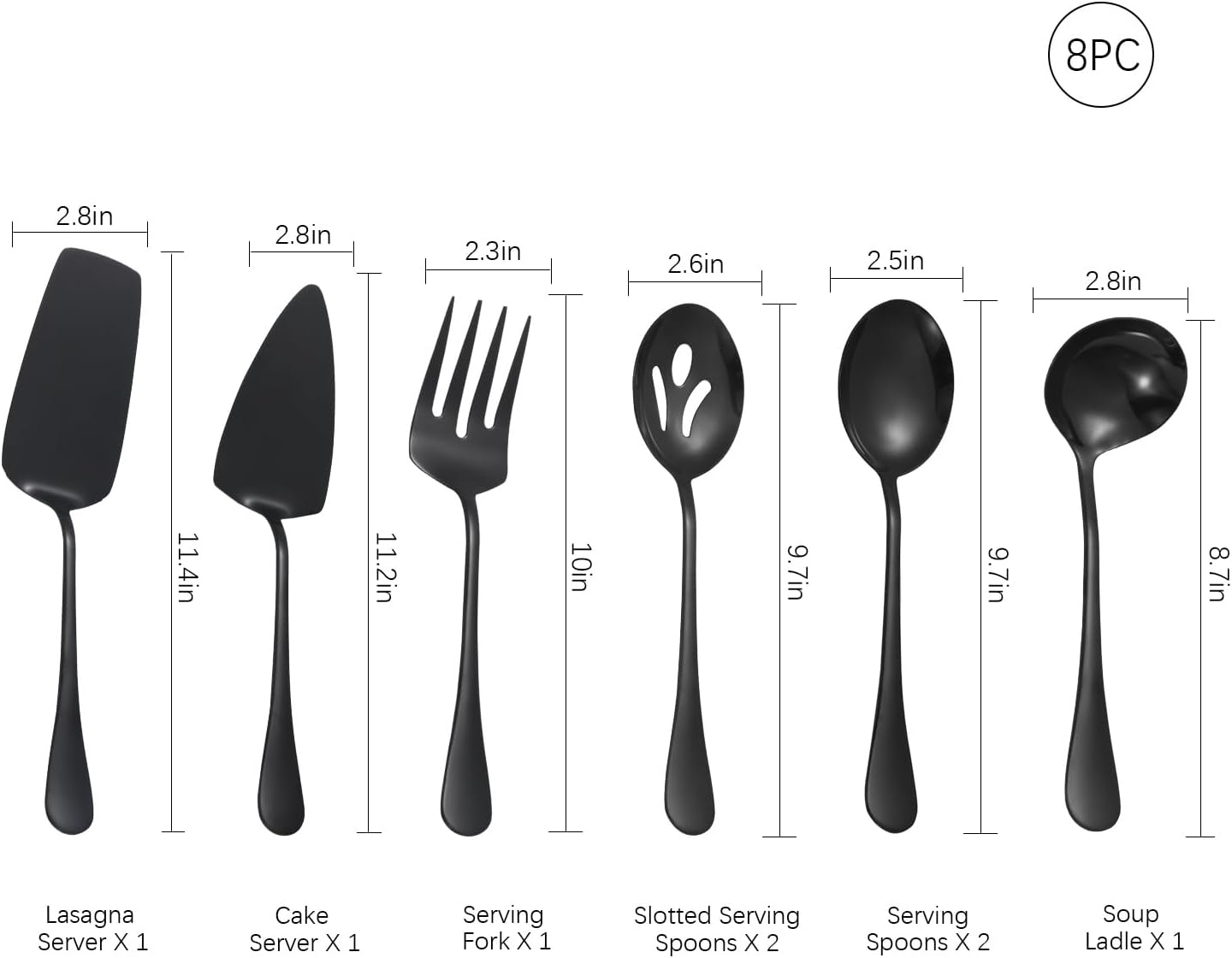 Utensilios negros para servir, juego de 8 utensilios de acero inoxidable para servir, incluye cucharas de servir, tenedor de servir, cucharón de