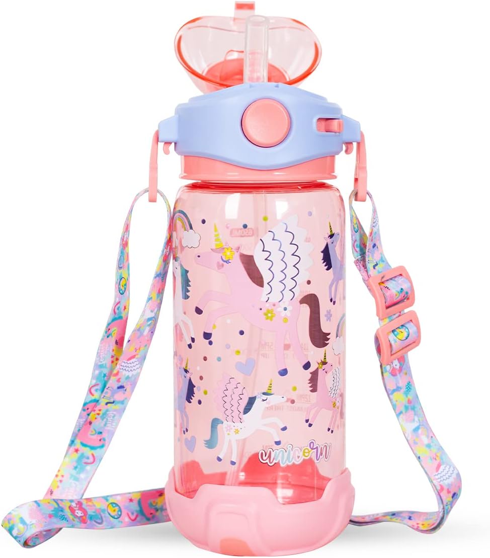 Botella de agua para niños con popote, para la escuela, niños y niñas, botella de agua potable de 22 onzas sin BPA, apertura de un solo clic, tapa