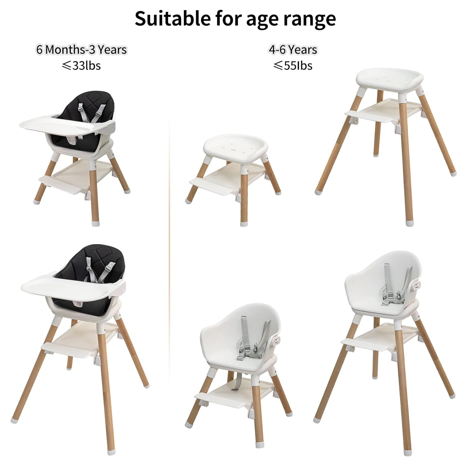 Silla alta de madera 6 en 1, sillas altas para bebés y niños pequeños, sillas altas para bebé con patas ajustables y bandeja apta para lavavajillas,