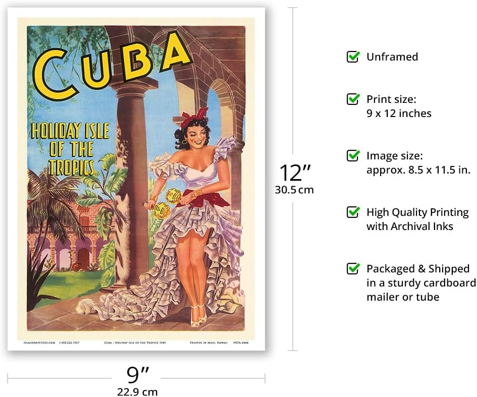 Cuba  Isla de los Trópicos  Bailarina cubana con Maracas  Póster de viaje vintage 1949  Impresión artística maestra (sin marco) 9 x 12 pulgadas
