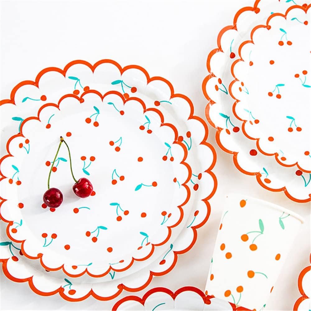 Plato de papel desechable de 9 pulgadas para fiestas, plato de papel de postre con diseño de frutas y cerezas, para bodas, baby shower, cumpleaños