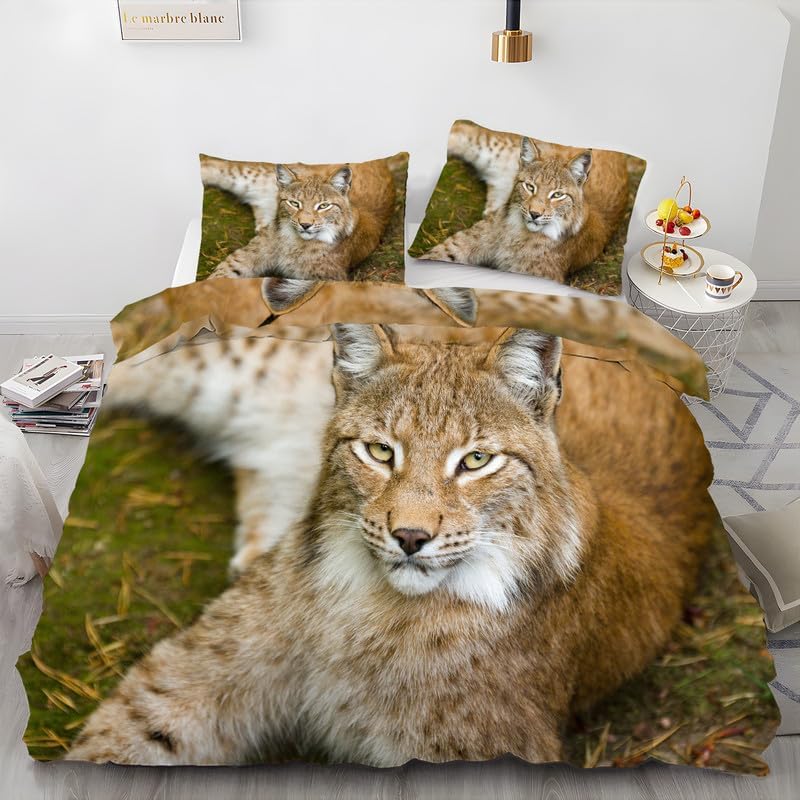 Animal Light Green Duvet Cover Queen Lynx Print Bedding Sets Queen Soft Microfiber Comforter Cover and 2 Pillow Shams 20″X26″, Bed Set Duvet Covers