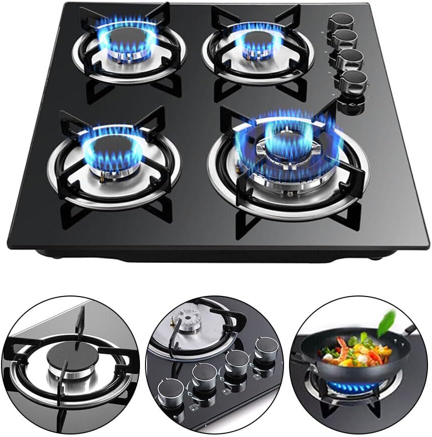 Placa de cocina de gas de 23 pulgadas, estufa de gas incorporada, 4 quemadores, estufa de acero inoxidable, quemadores de vidrio templado negro,