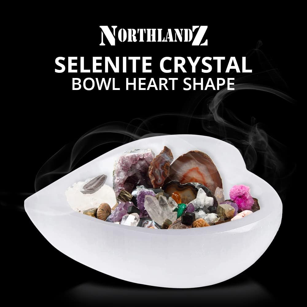 Cuenco de cristal de selenita en forma de corazón de 3.9 in, cuenco de cristales para curación de reiki, alivio de ansiedad y meditación. Ideal para