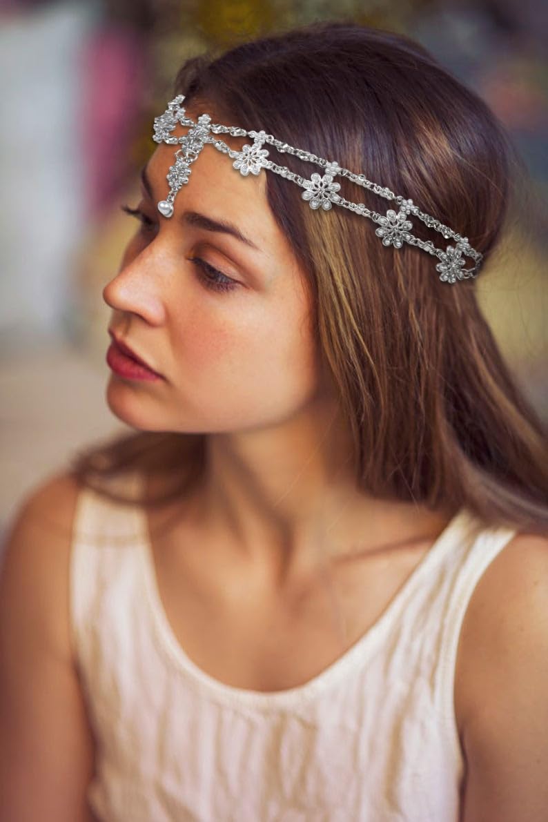 WOVOWOVO Joyas para la cabeza para mujer, cadena de cabeza plateada, joyería para el cabello, diademas de boda bohemias para novia, accesorios para