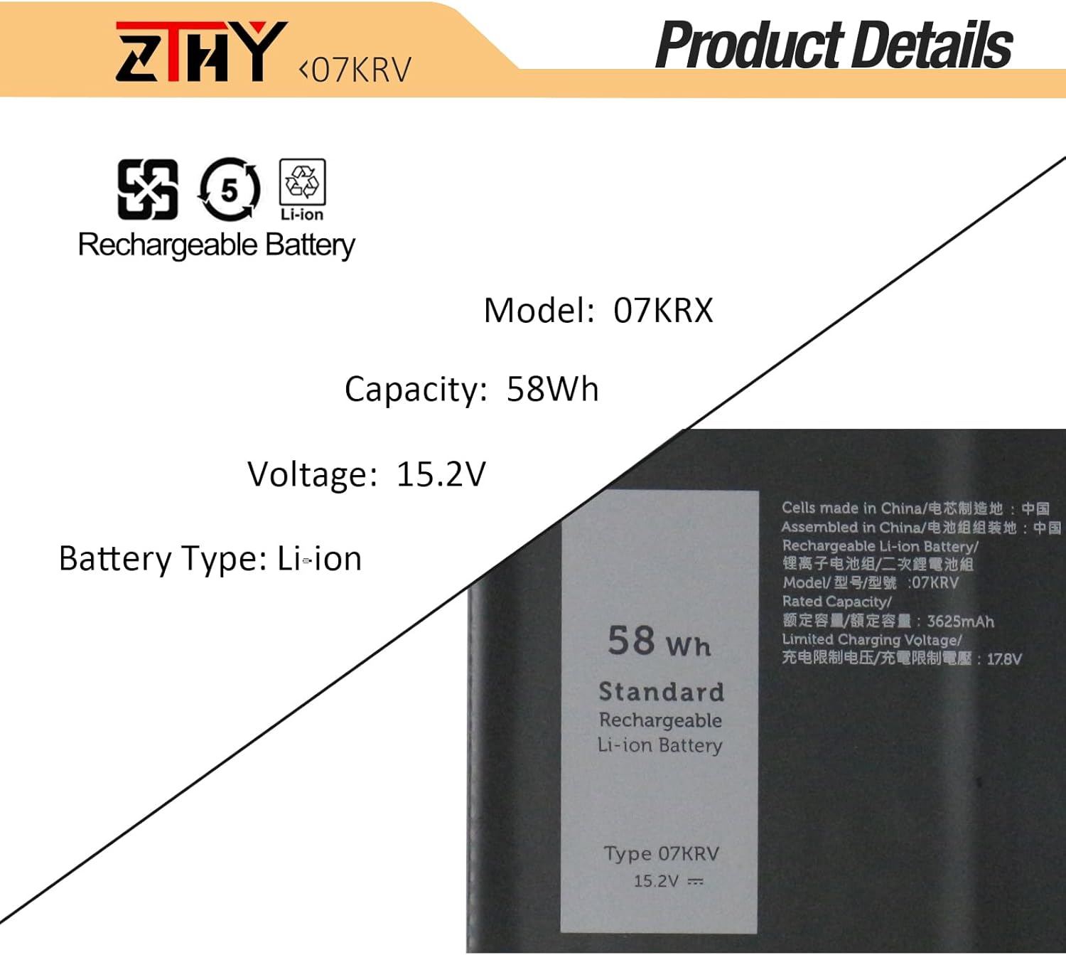 ZTHY Batería de repuesto para laptop de 58 Wh 07KRV para Dell Latitude 5430 5530 Precision 3570 P104F P104F005 P137G P137G004 Series M69D0 H4PVC