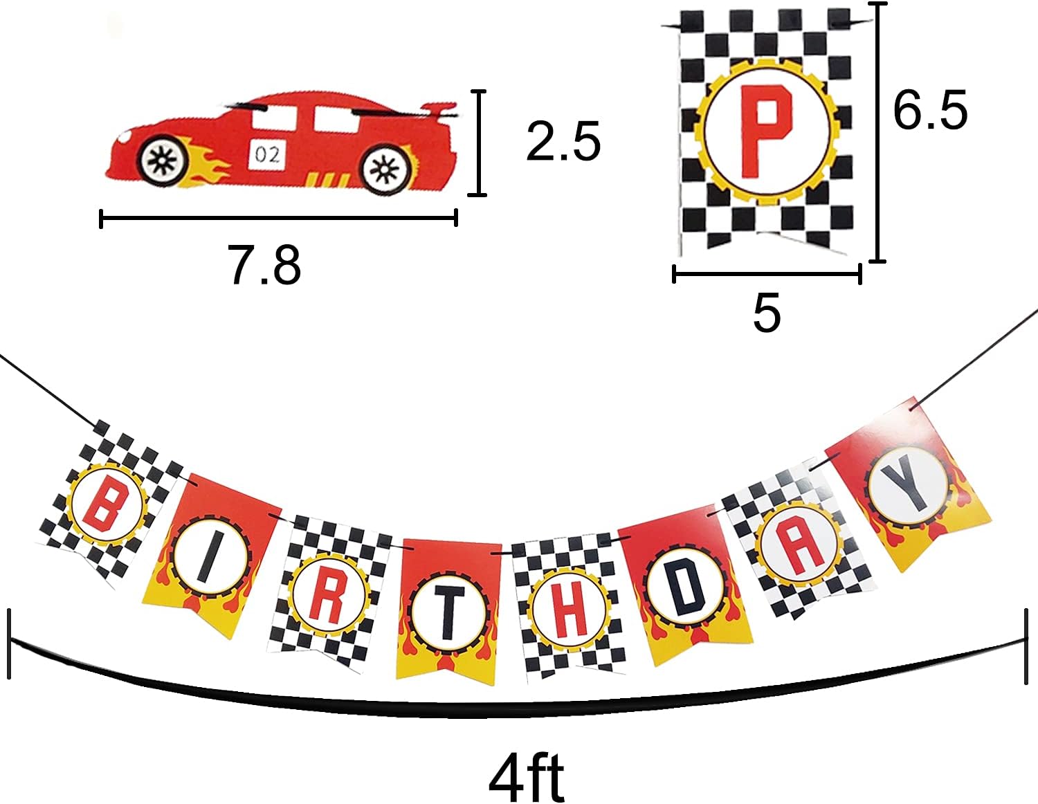 Cartel de feliz cumpleaños de coche de carreras, letrero de fiesta de carreras, bandera a cuadros con texto en inglés “Let’t Go Racing”, suministros