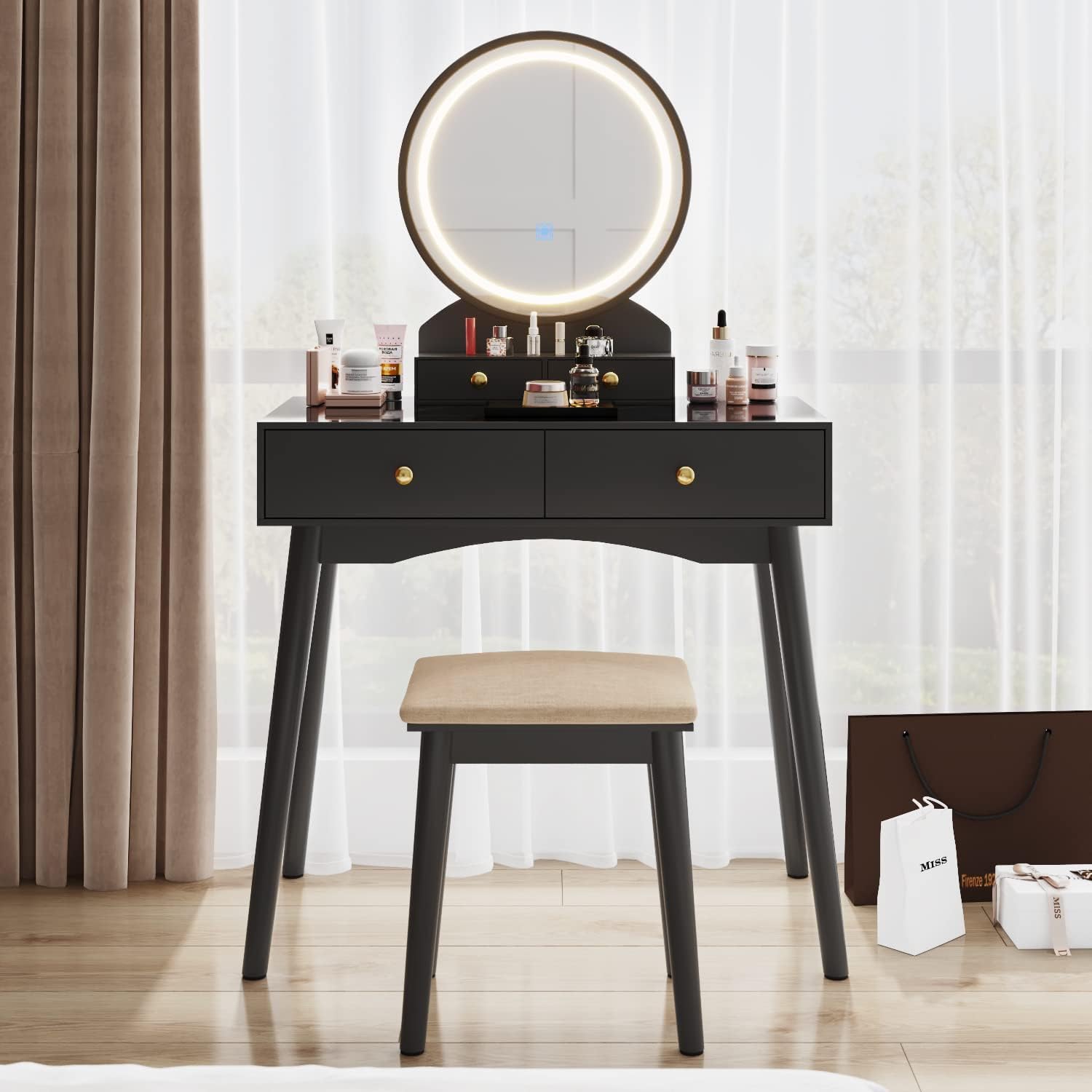 Furmax Juego de tocador de tocador de maquillaje con espejo iluminado con escritorio moderno, taburete acolchado suave, 4 cajones de almacenamiento,