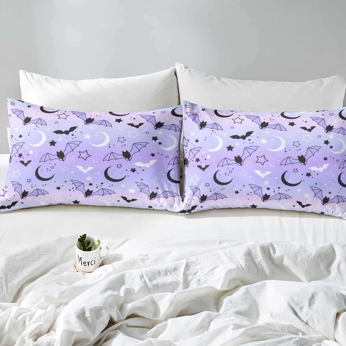 Juego de funda de edredón de Halloween, sábana bajera ajustable de arcoíris para niños y niños, diseño de murciélago, luna y estrella, juego de
