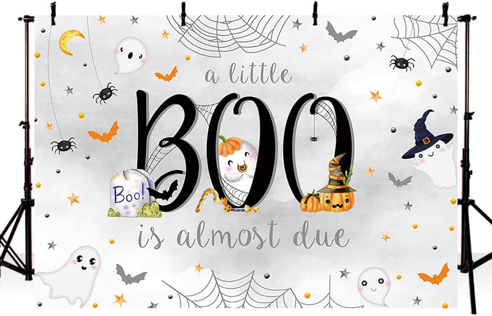 MEHOFOND Telón de fondo de Halloween para baby shower de 7 x 5 pies para niño, fantasma blanco a Little Boo is Almost Due Spooky Ghost Background