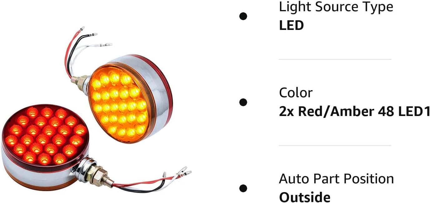 CORP – 2 unidades redondas de 4 pulgadas de doble cara de montaje de un solo perno prisionero 48-LED ámbar rojo guardabarros lateral reflectante luz