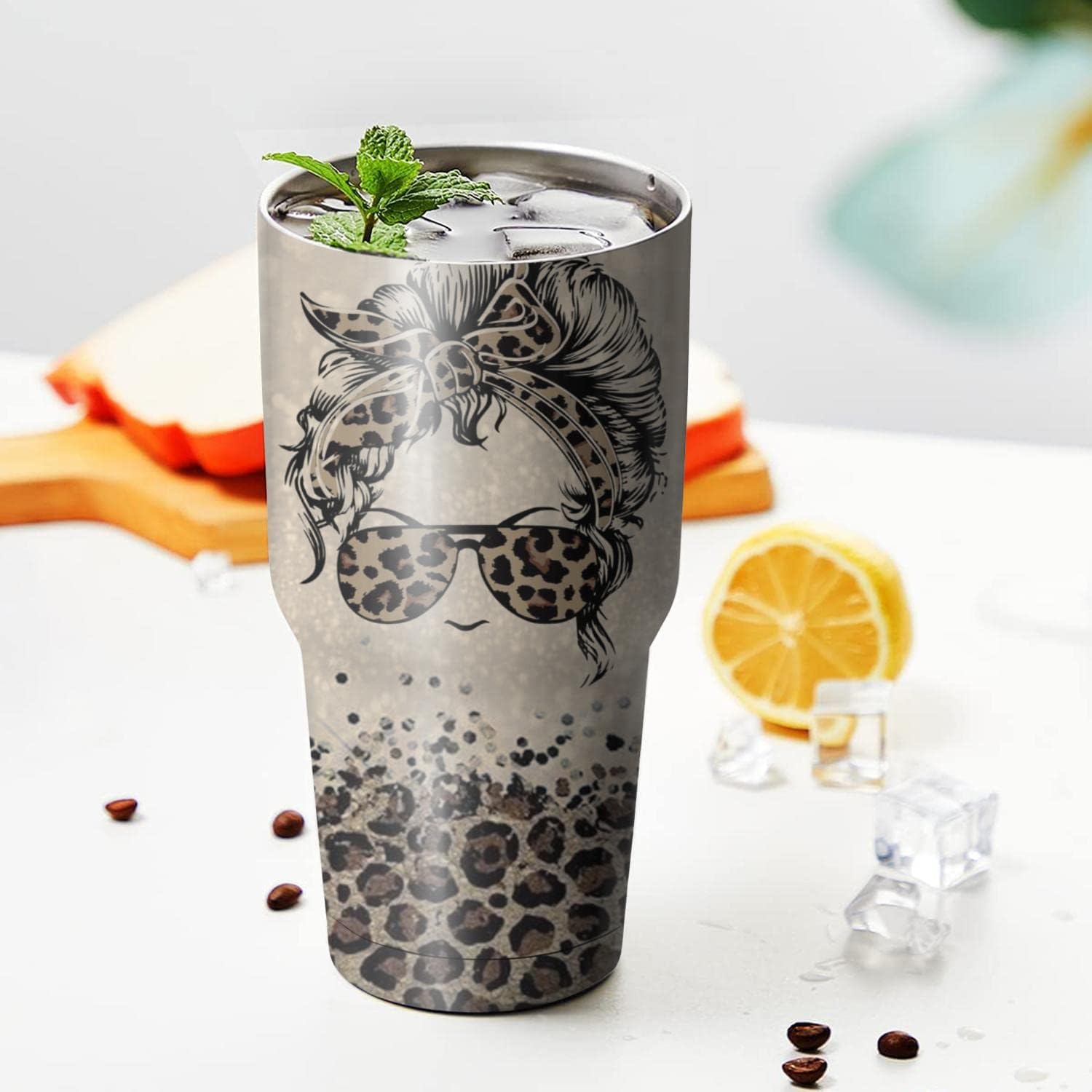 Hapyfam Vaso de leopardo de regalo para mujer, taza de café de acero inoxidable con tapapajita, 20 onzas, 30 onzas
