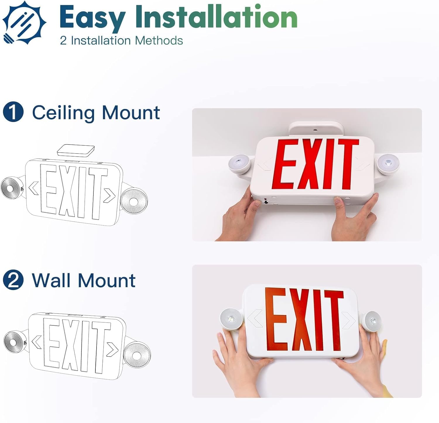 6 Pack Red Exit Signs with Emergency Lights, Two LED Adjustable Head Emergency Exit Light with Battery Backup,UL Listed, AC 120277V,Exit Sign Combo
