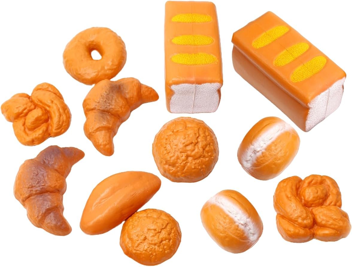 PowerTRC Juego de 12 piezas de pan falso de tamaño real  Juego de juguetes de cocina de pretende panadería y decoración  Regalo único para niños y