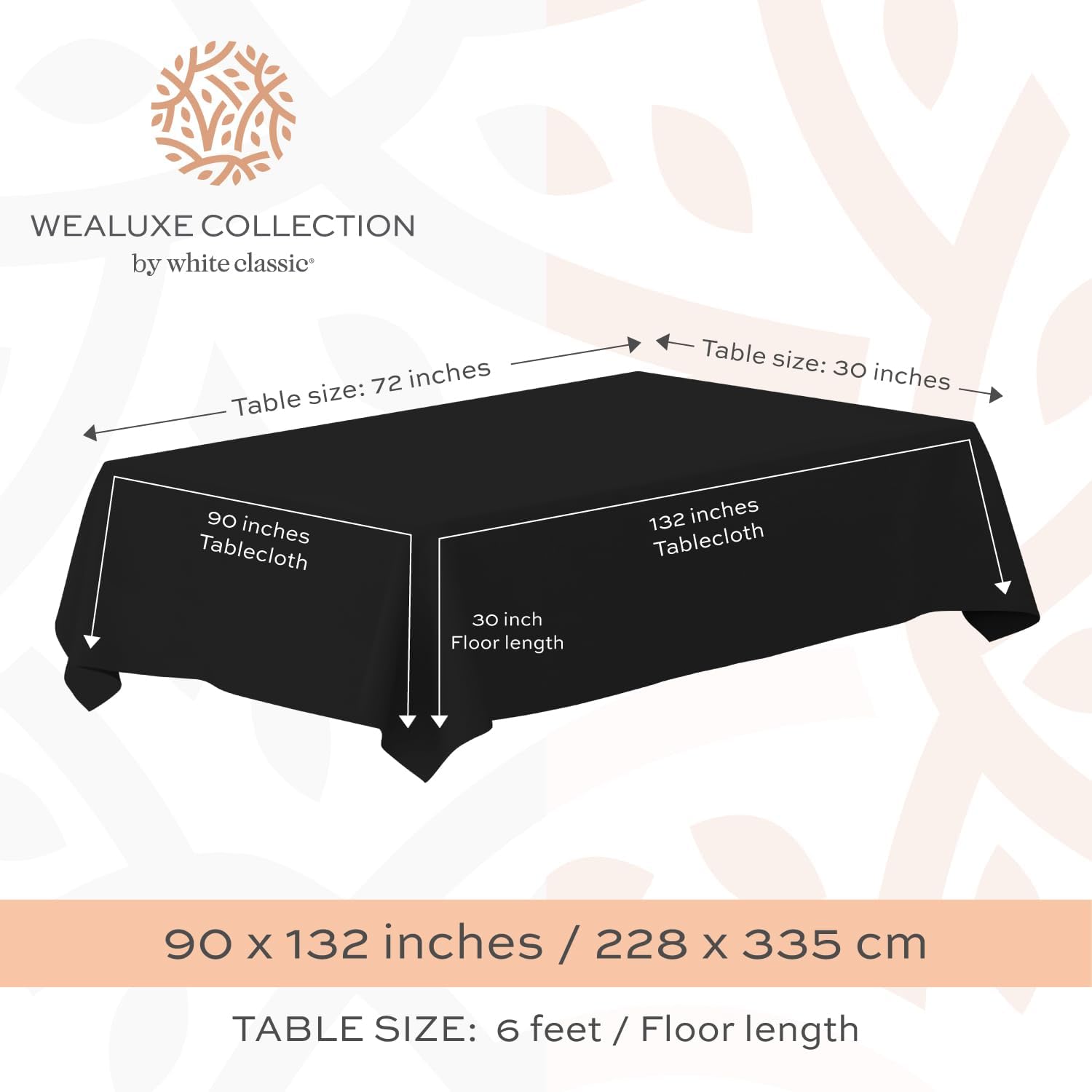 Classic WEALUXE – Mantel negro de 90 x 132 pulgadas, mantel negro para mesas rectangulares de 6 pies, tela lavable resistente a las manchas y a las
