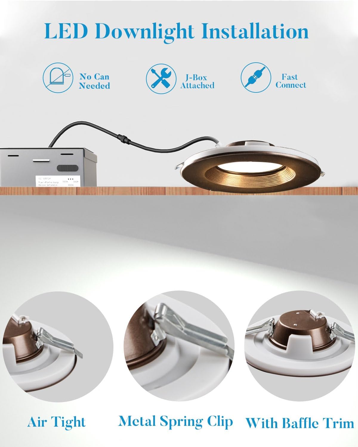 Downlight LED de 6 pulgadas con luz nocturna de 140 lmw (alta eficacia) CRI90 regulable LED empotrable, 3000 K4000 K5000 K seleccionables, luces LED