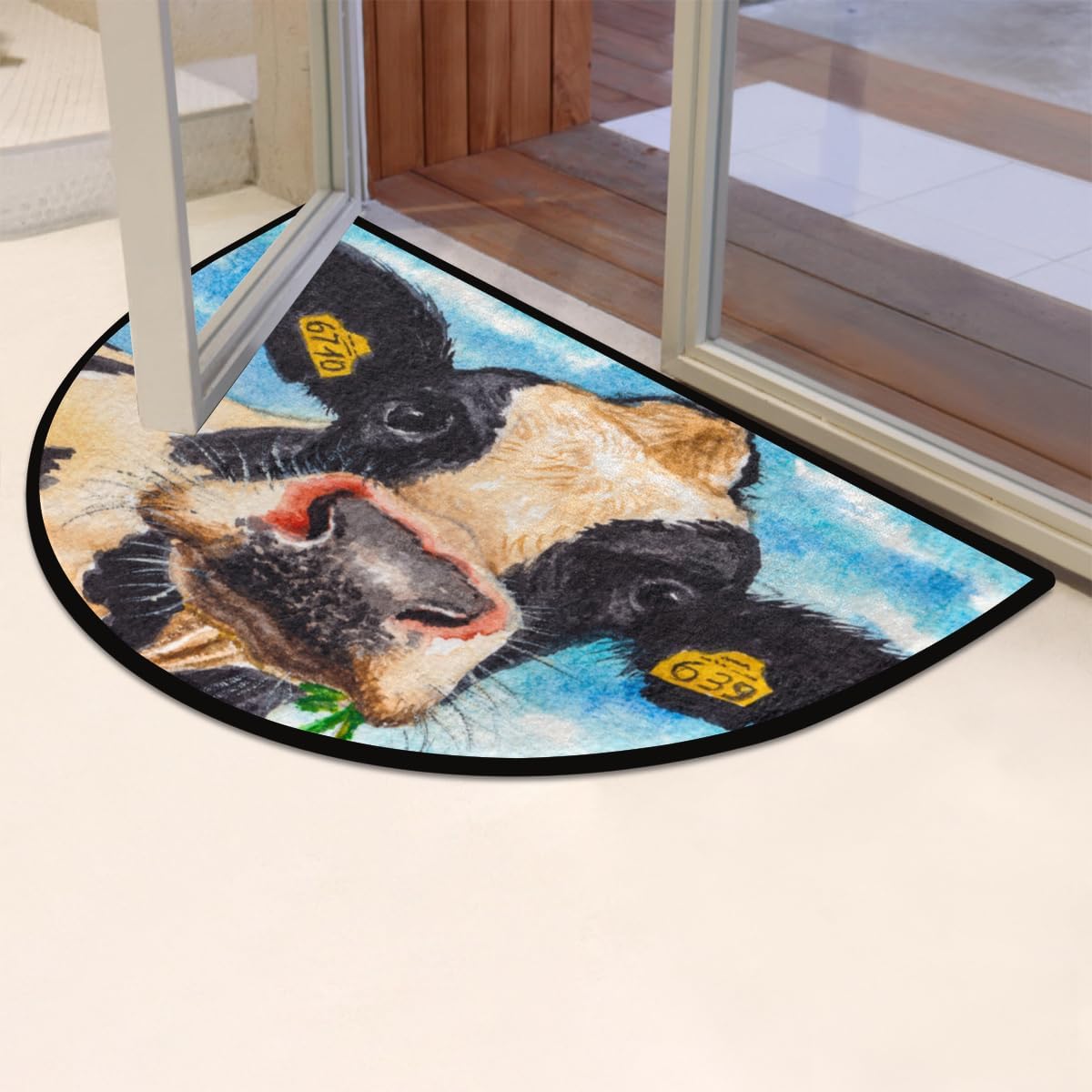 Tapete medio redondo para puerta de animal lechero, antideslizante, para entrada de bienvenida al aire libre, absorbente, lavable, para interiores y