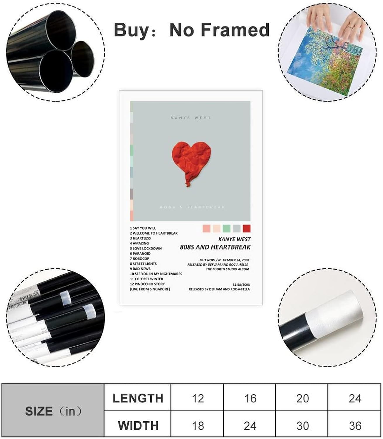 WANMLY Póster de Kanye West 808s Heartbreak Music Album Cover Poster Póster de lienzo Decoración de Dormitorio Paisaje Deportivo Oficina Decoración