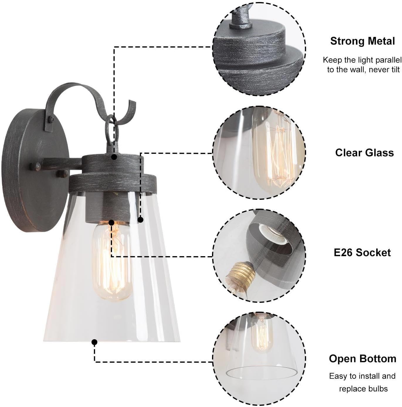 Paquete de 2 lámparas de pared para exteriores, apliques de pared exterior de granja con vidrio transparente, linternas modernas impermeables para