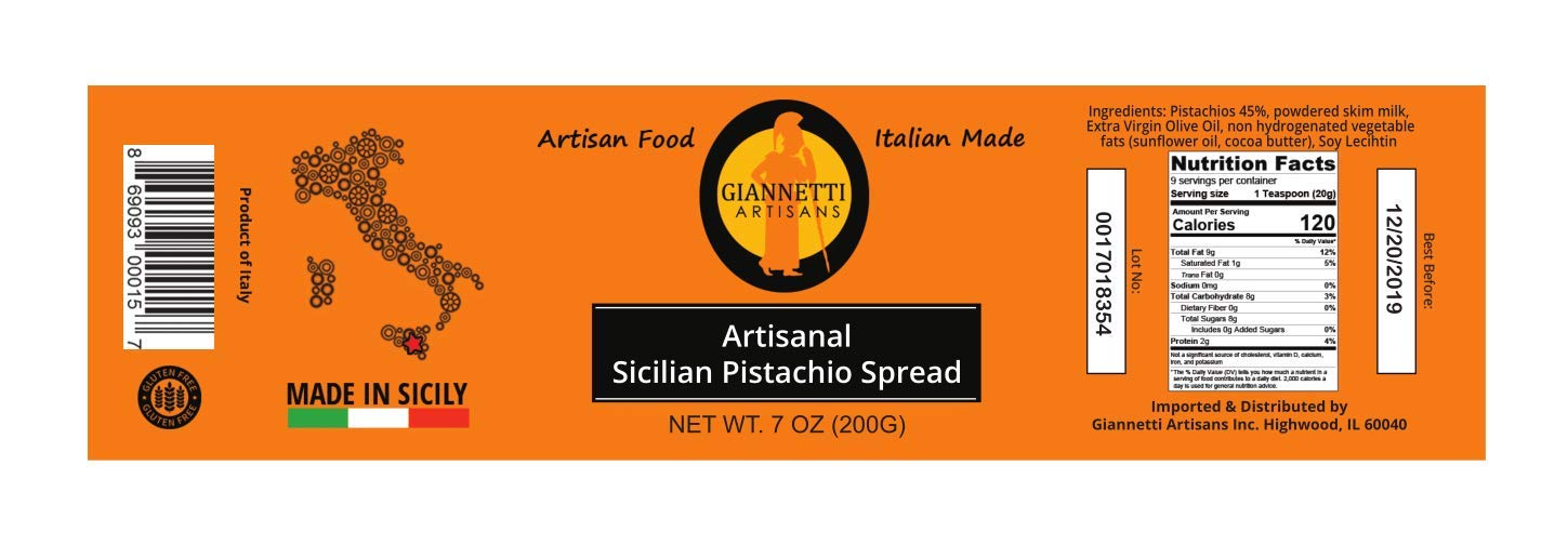 Giannetti Artisans Pistacho siciliano para untar hecho artesanalmente sin aceite de palma y pistachos sicilianos, importado de Bronte, Sicilia, 7.05
